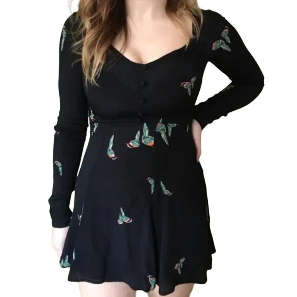 Reformation Black Midi Dress with Colorful Bird Design